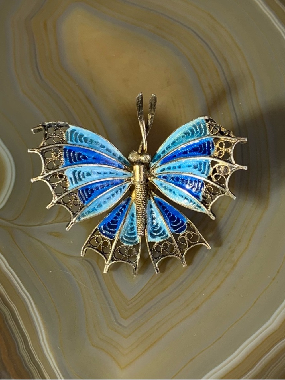 Antique 800 Silver Blue Enamel Butterfly Brooch - Women Jewelry